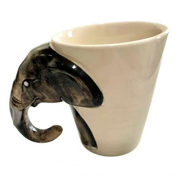 Elephant Head Unique Trunk Handle Ceramic Mug, Made in Thailand, Beige & White. - Picture 3 of 9